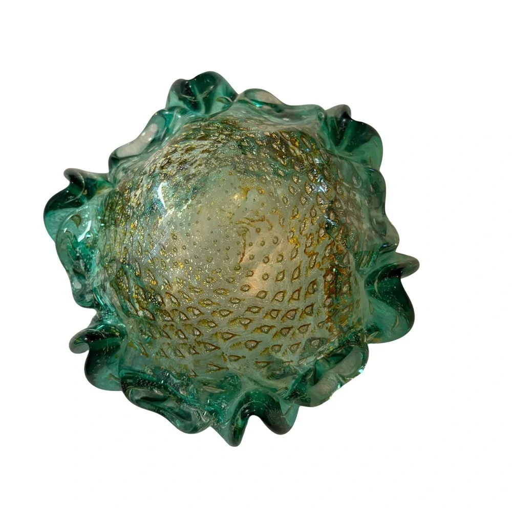 Murano • Mid-Century Bullicante Green Art Glass Bowl‎